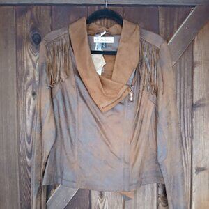 Montanaco Whiskey Vegan Suede Drape Front Fringe Jacket S XL